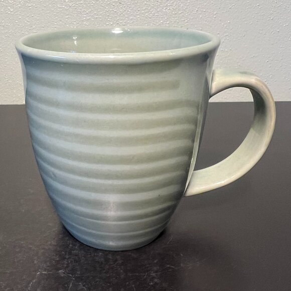 Jade Green Glossy Glaze Stoneware Mug Overlaid w/ Darker Green Stripes ~ Hygge - Picture 6 of 10